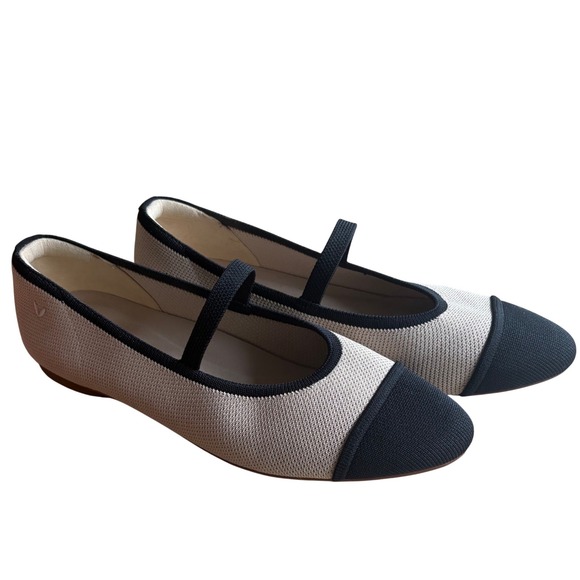 $139 VIVAIA Flat Mary Jane Knit Shoe Beige Black Cap Toe Sz EU 40.5;US 9-9.5 EUC